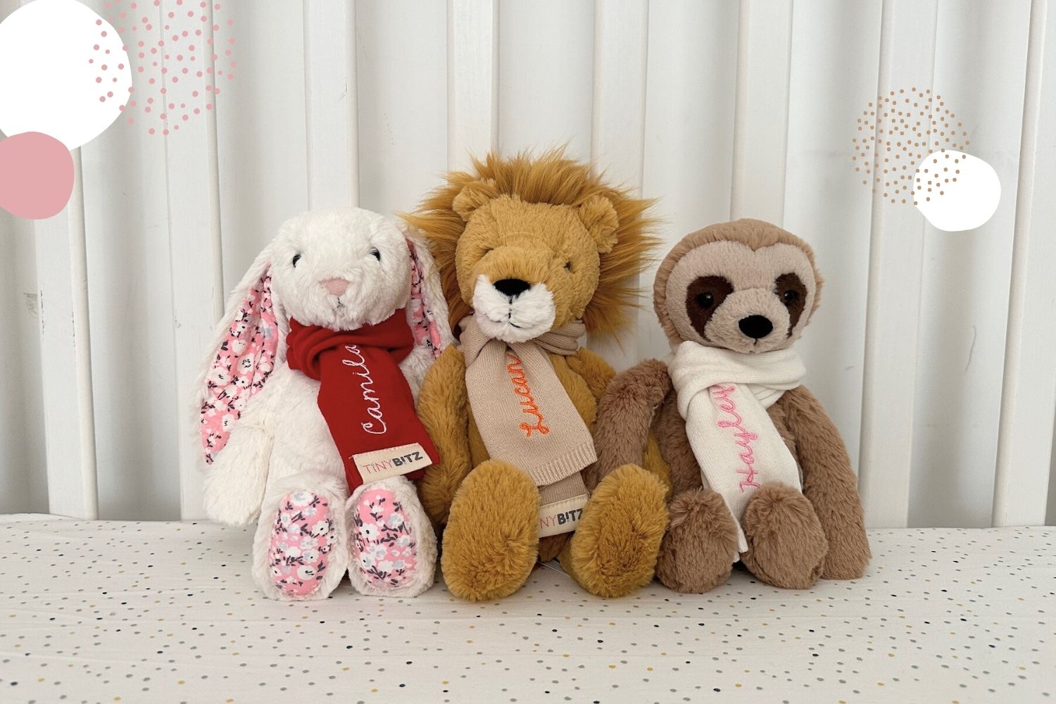 Jellycat Toys with scarf personalized with embroidery